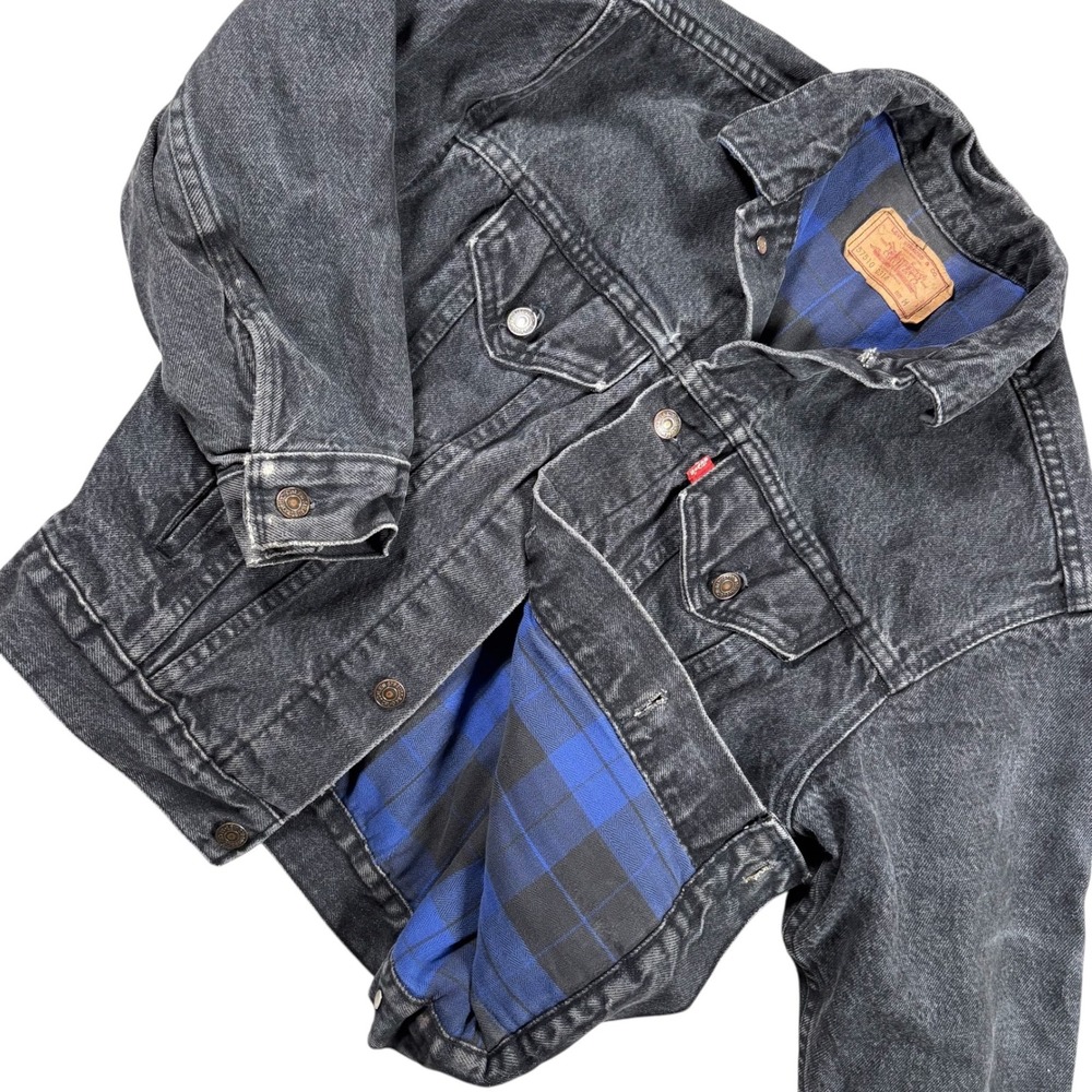 VTG 80s Levi's Kids Denim trucker Jacket Black Plaid Lined USA Made Sz M